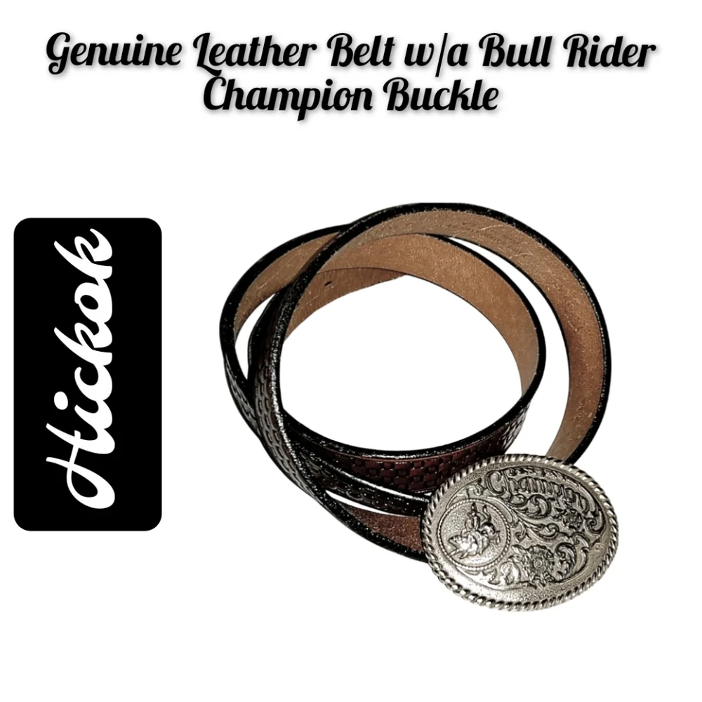 Hickok ~Genuine Leather Basket Weave Belt with a Bull Rider Champion